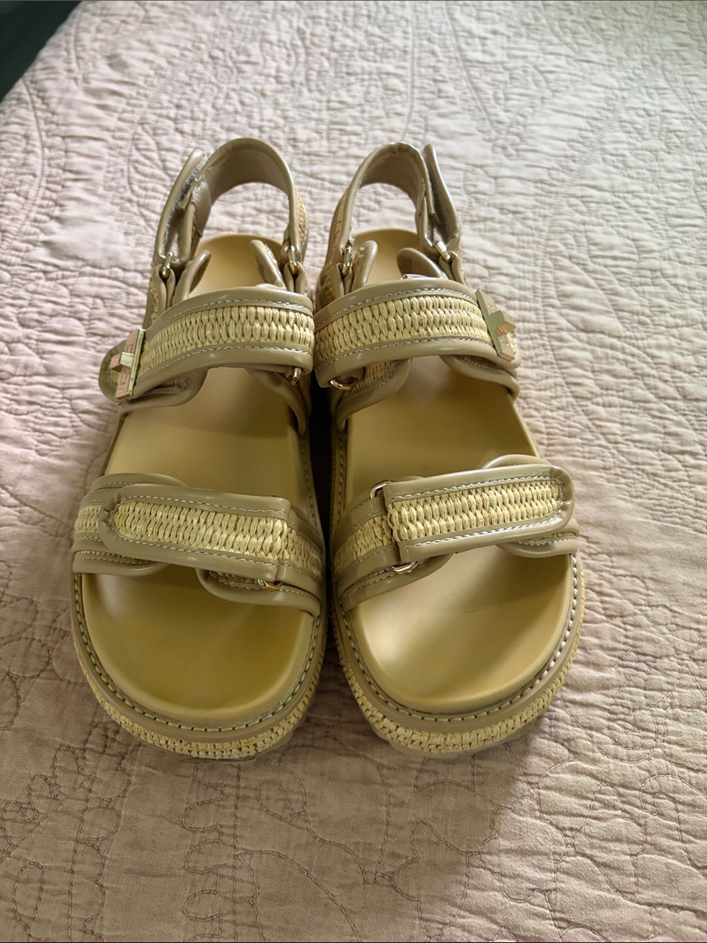 Woven Strap Platform Sandals — Beige